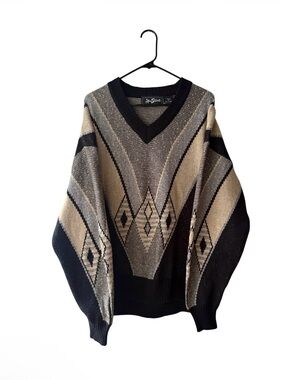 Alan Stuart Black and Beige Geometric V-Neck Sweater